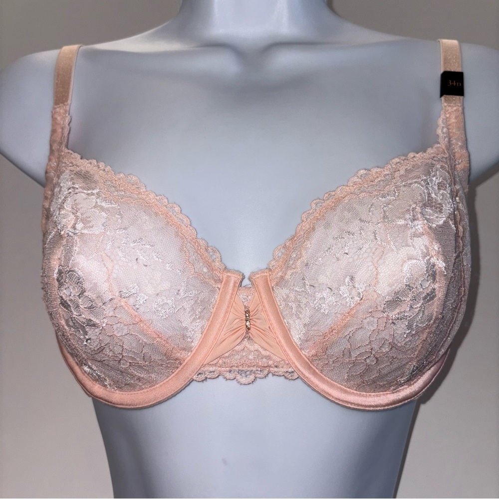 Victoria's Secret Peach Floral Lace Underwire Unlined Demi Bra Size 34D NWT